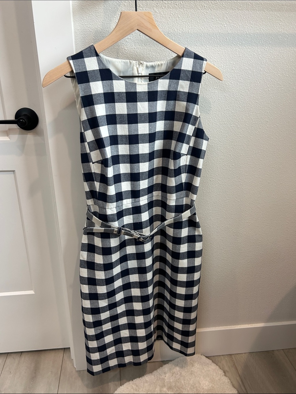 J. Crew Navy and White Gingham Sleeveless Belted Sheath Dress